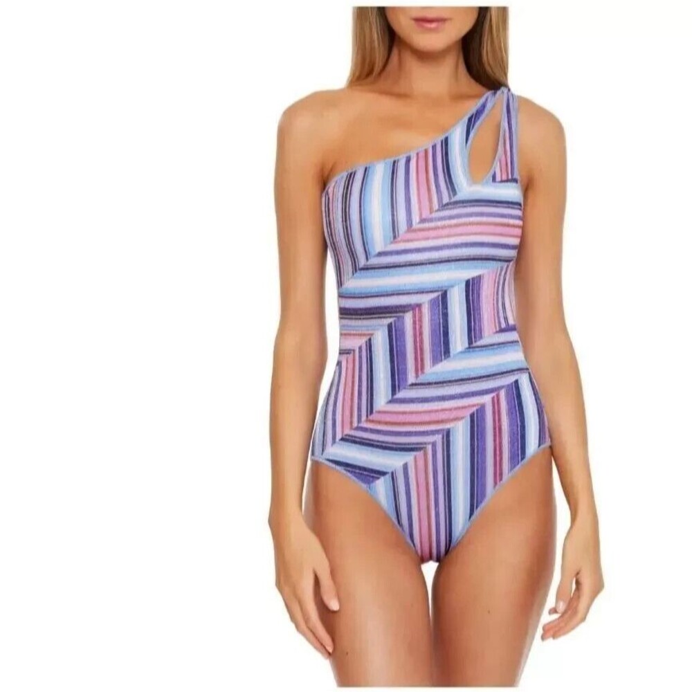 Becca Women's South Coast One-Shoulder One-Piece Swimsuit sz M  Patchwork